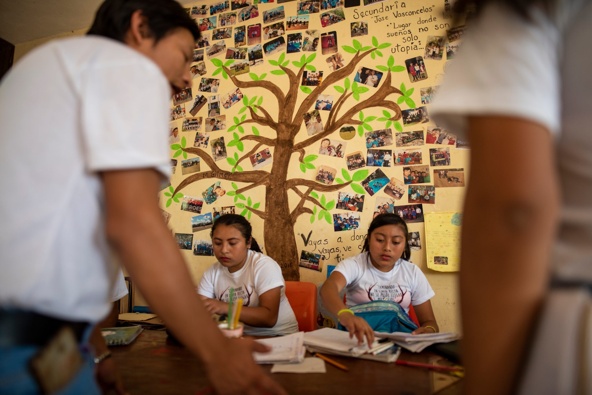 Students bend over their notebooks under the painted tree.