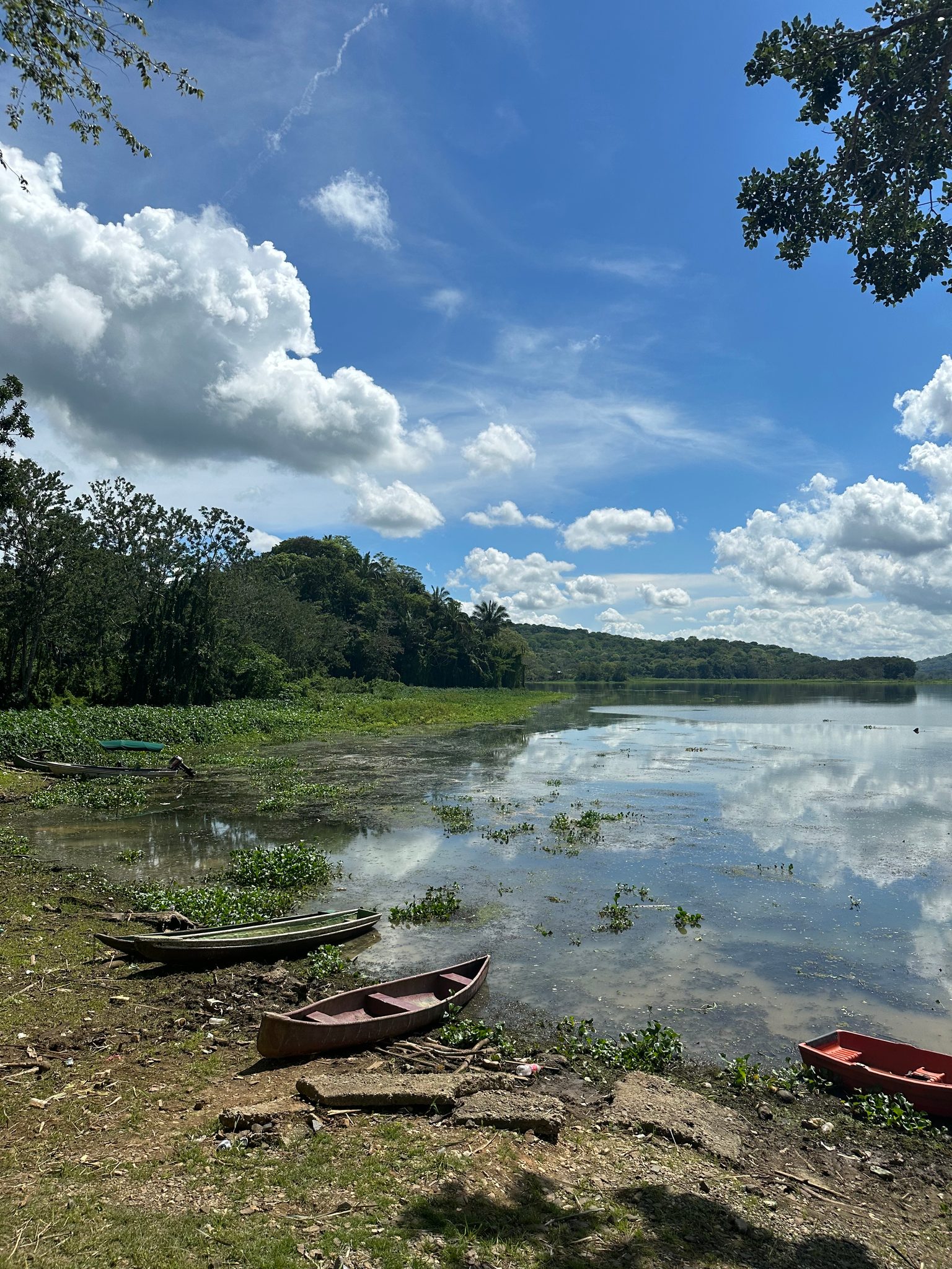 Dugout boats pulled up on the lake shore under a sky of cloud.