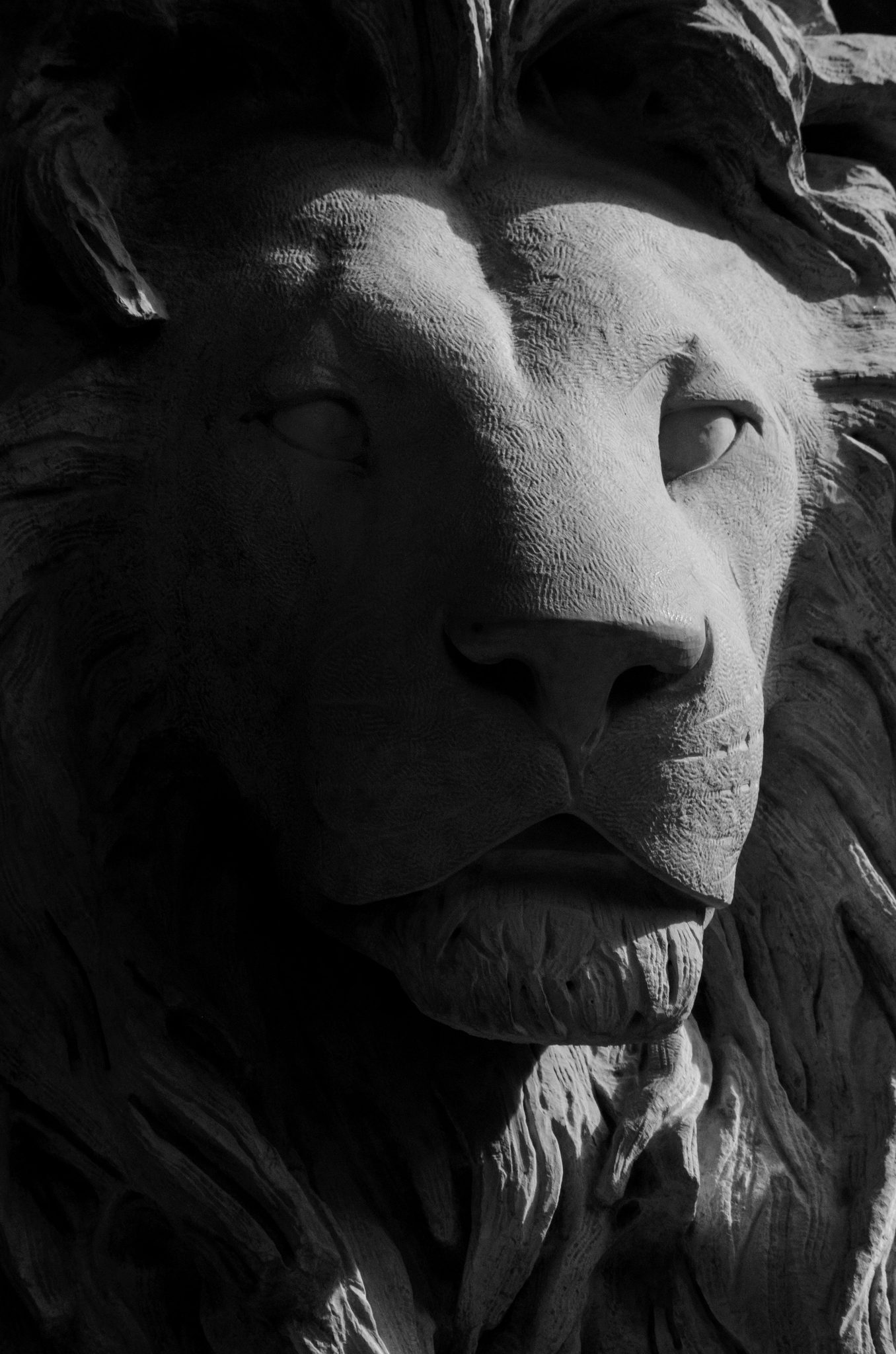 A stone lion stares out in black and white, its mane carved in deep folds.