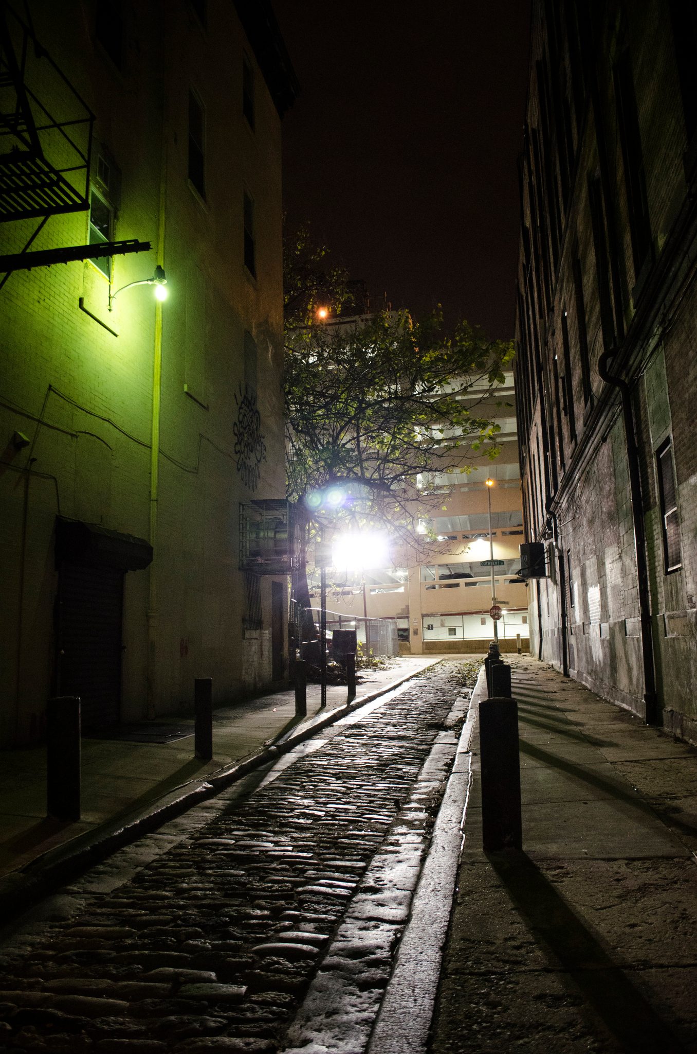 A cobblestone alley glows under the streetlights at night.