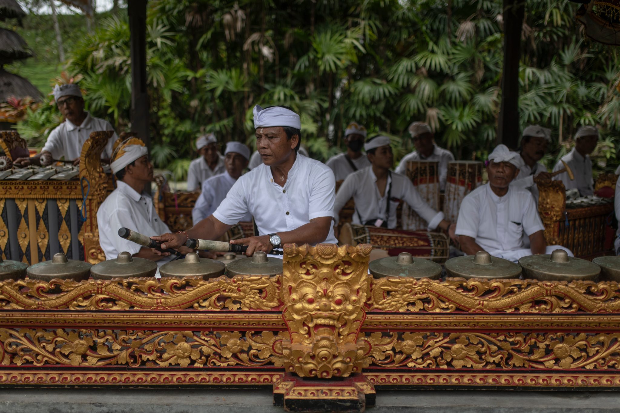 The gamelan plays on in white and gold, mallets moving in unison.