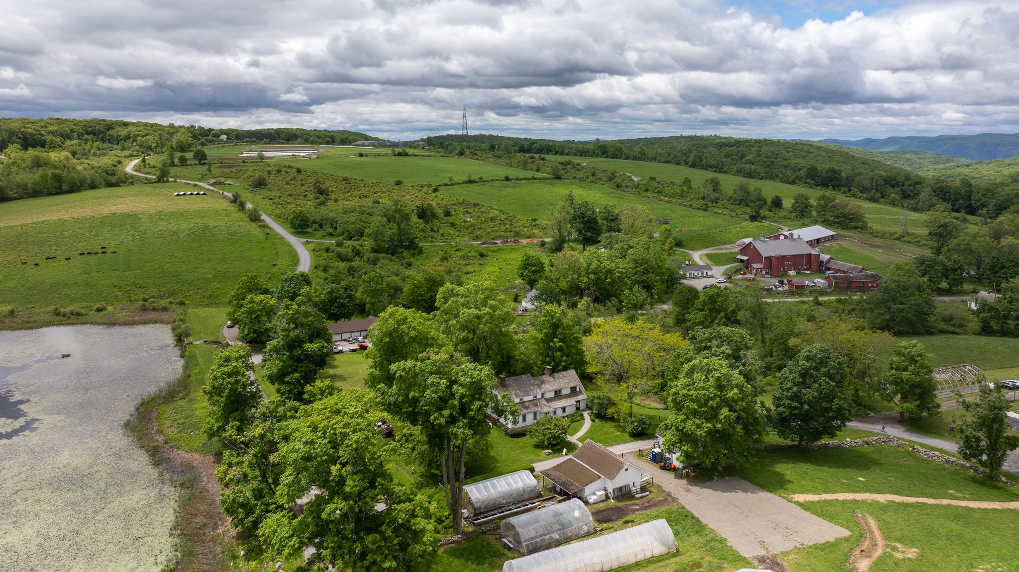 The farm from above, with barns, hoop houses and a pond tucked into rolling pasture.