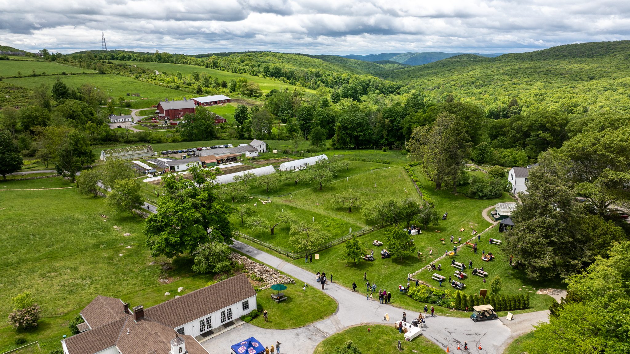 From above, Glynwood's fields and barns roll out toward the hills on Family and Farm Day.