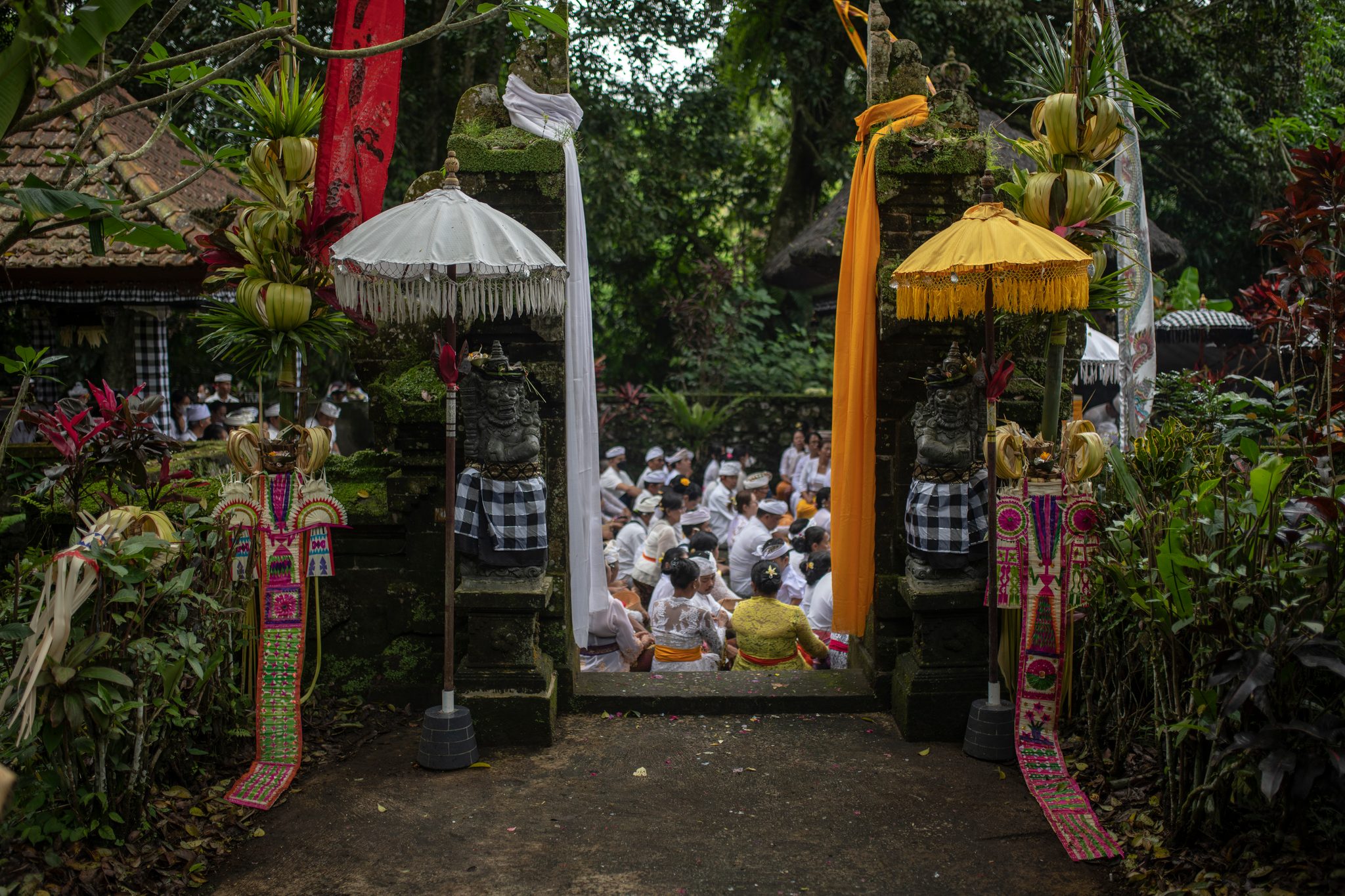 Through the temple gate, the congregation sits in white beneath the parasols.
