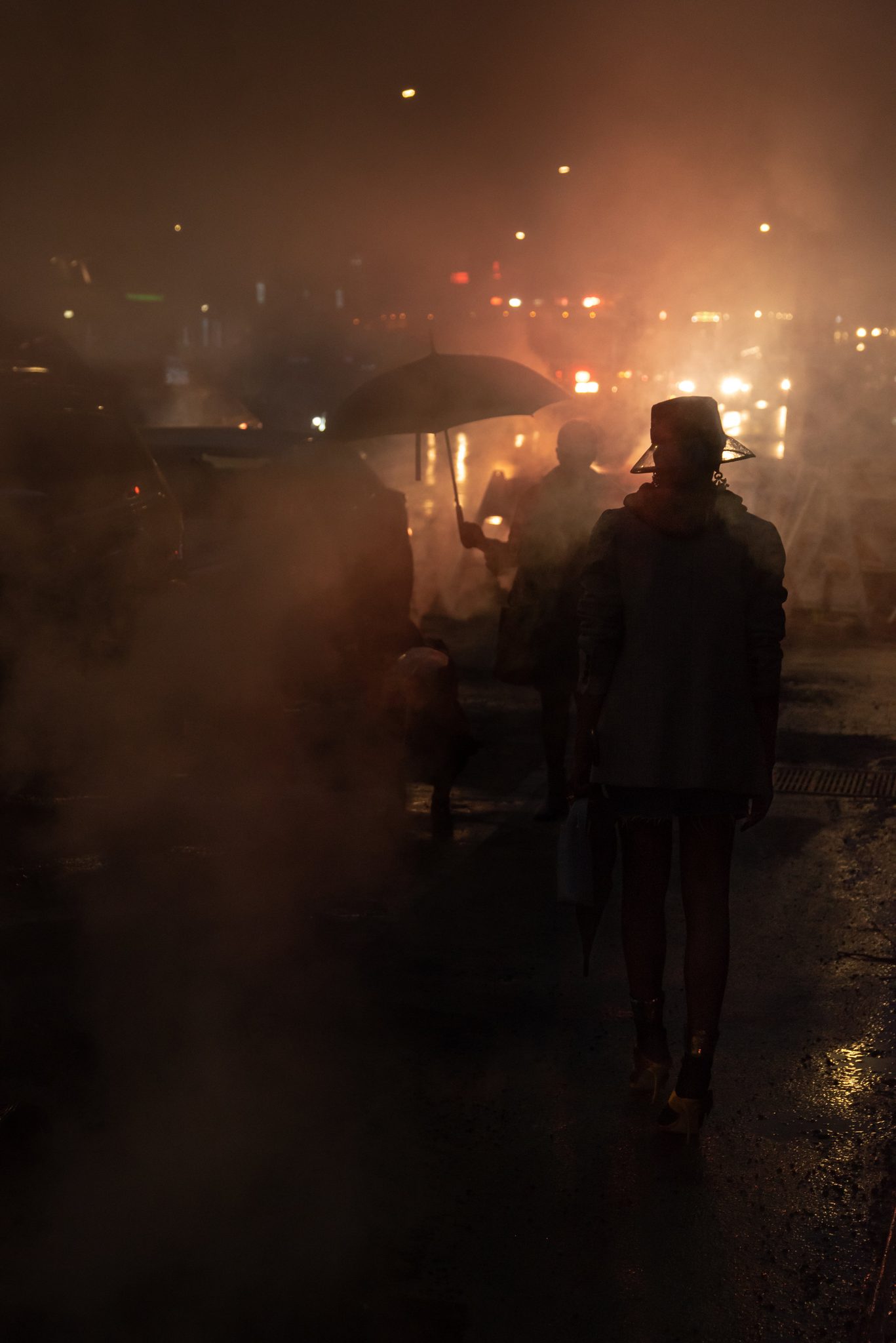 Steam rises from the street and swallows the umbrellas, and a man in a hat walks straight into it.