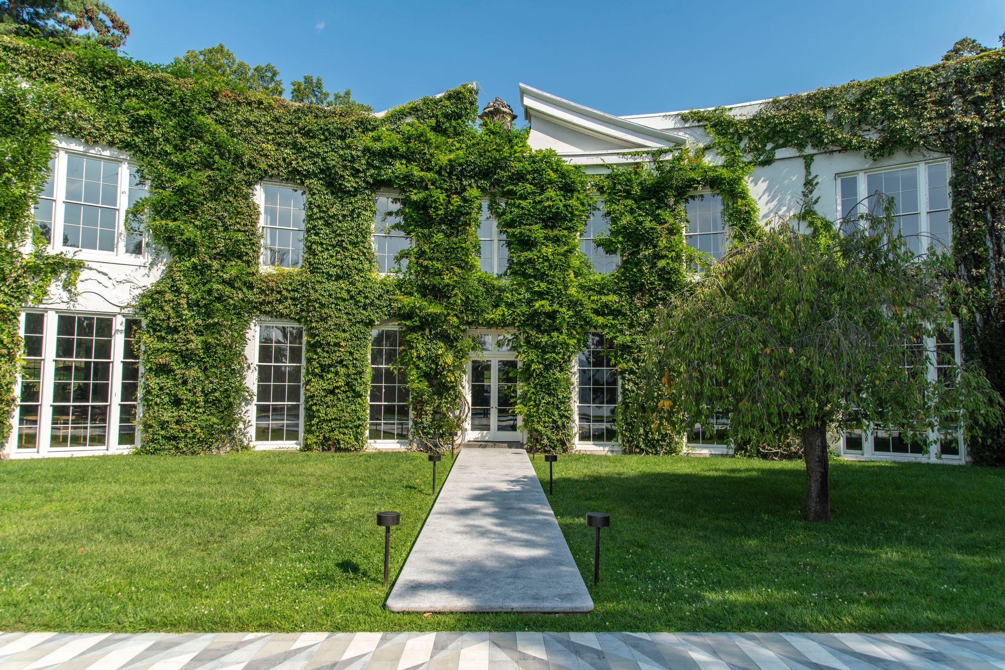Ivy has taken the whole facade of this house in early September, and a pale stone walk runs straight to the door.