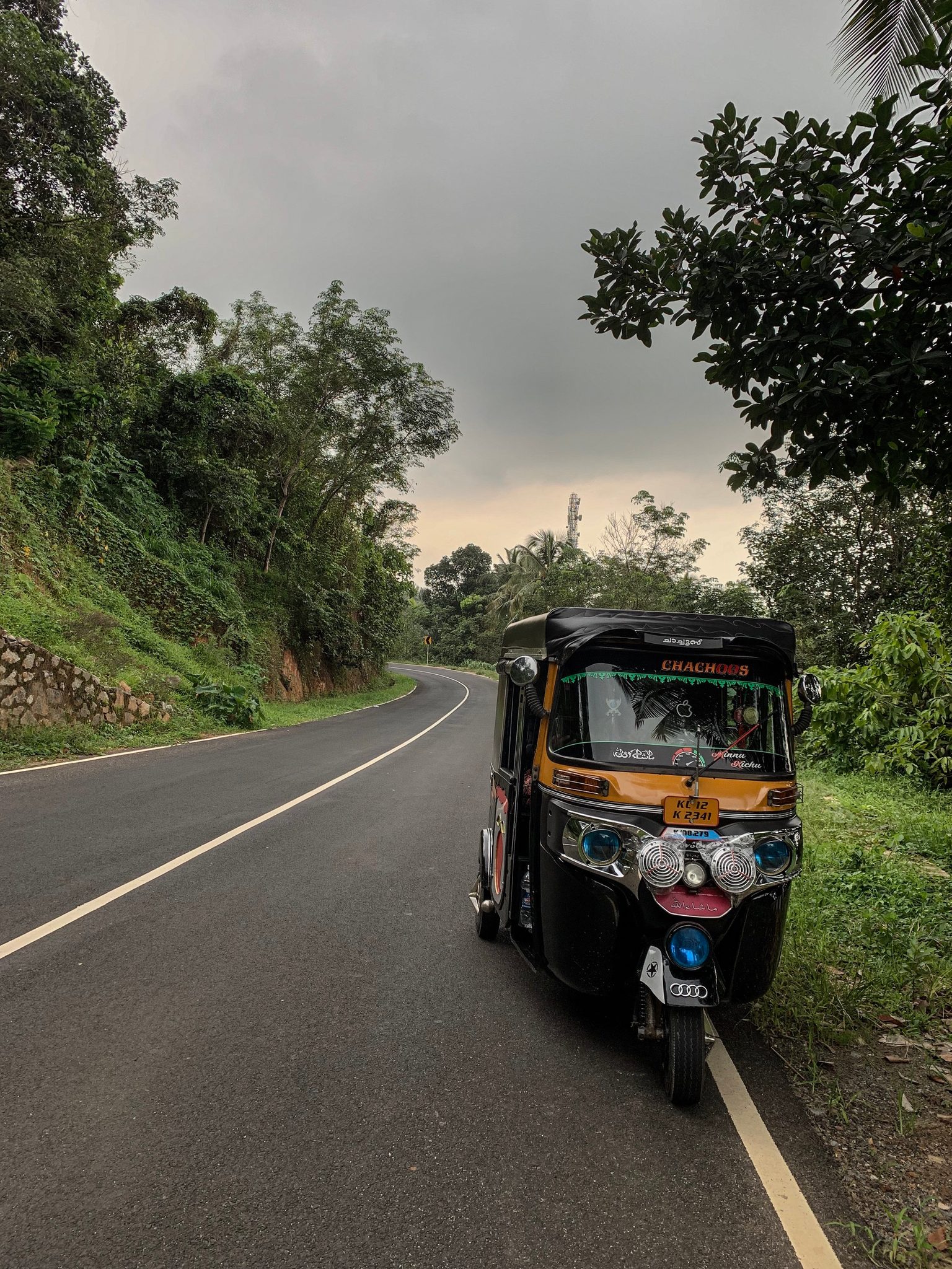 An auto rickshaw pulls over on a winding mountain road.