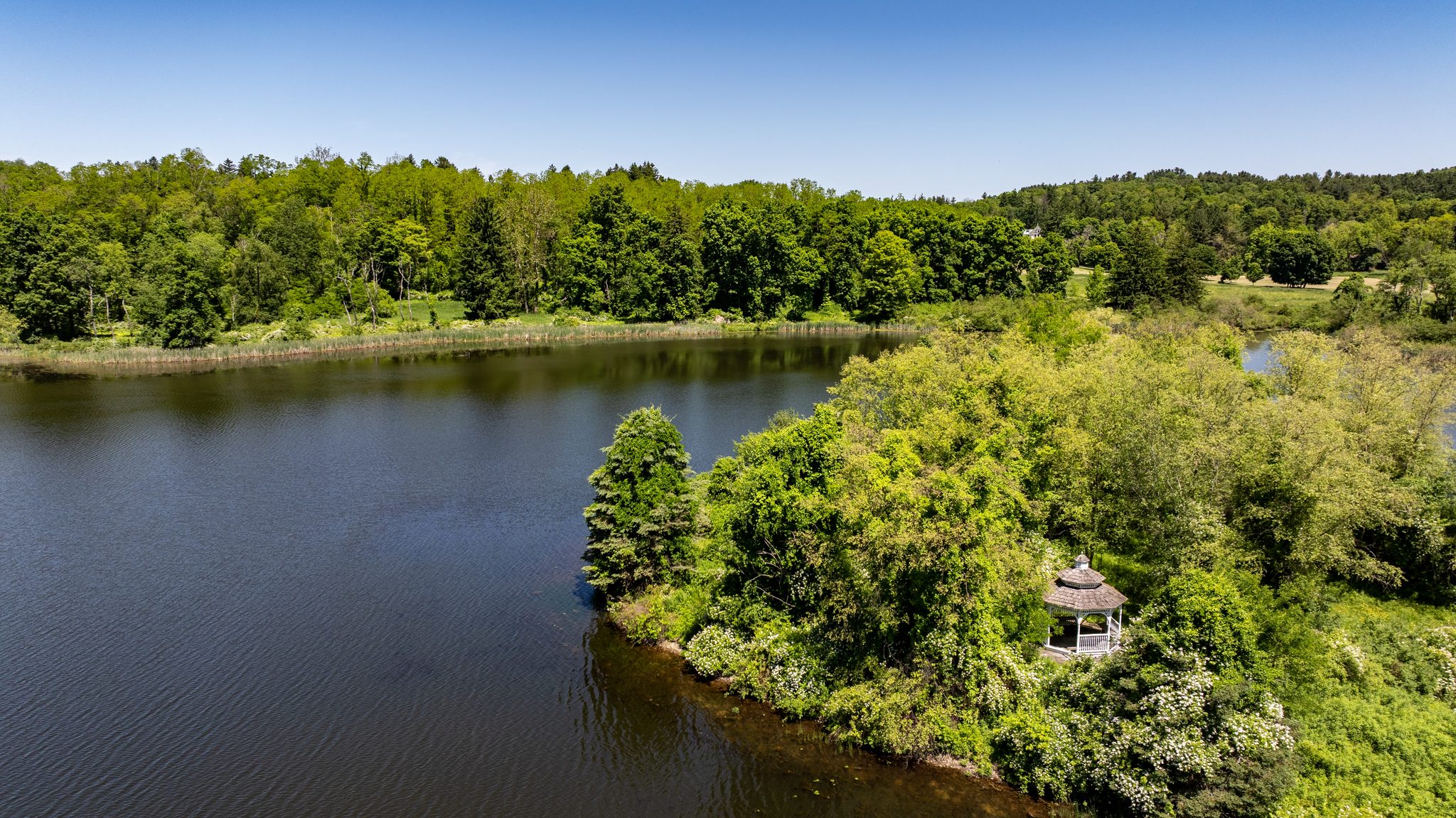 A wooded island in the lake, a small white gazebo tucked among the trees at its heart.