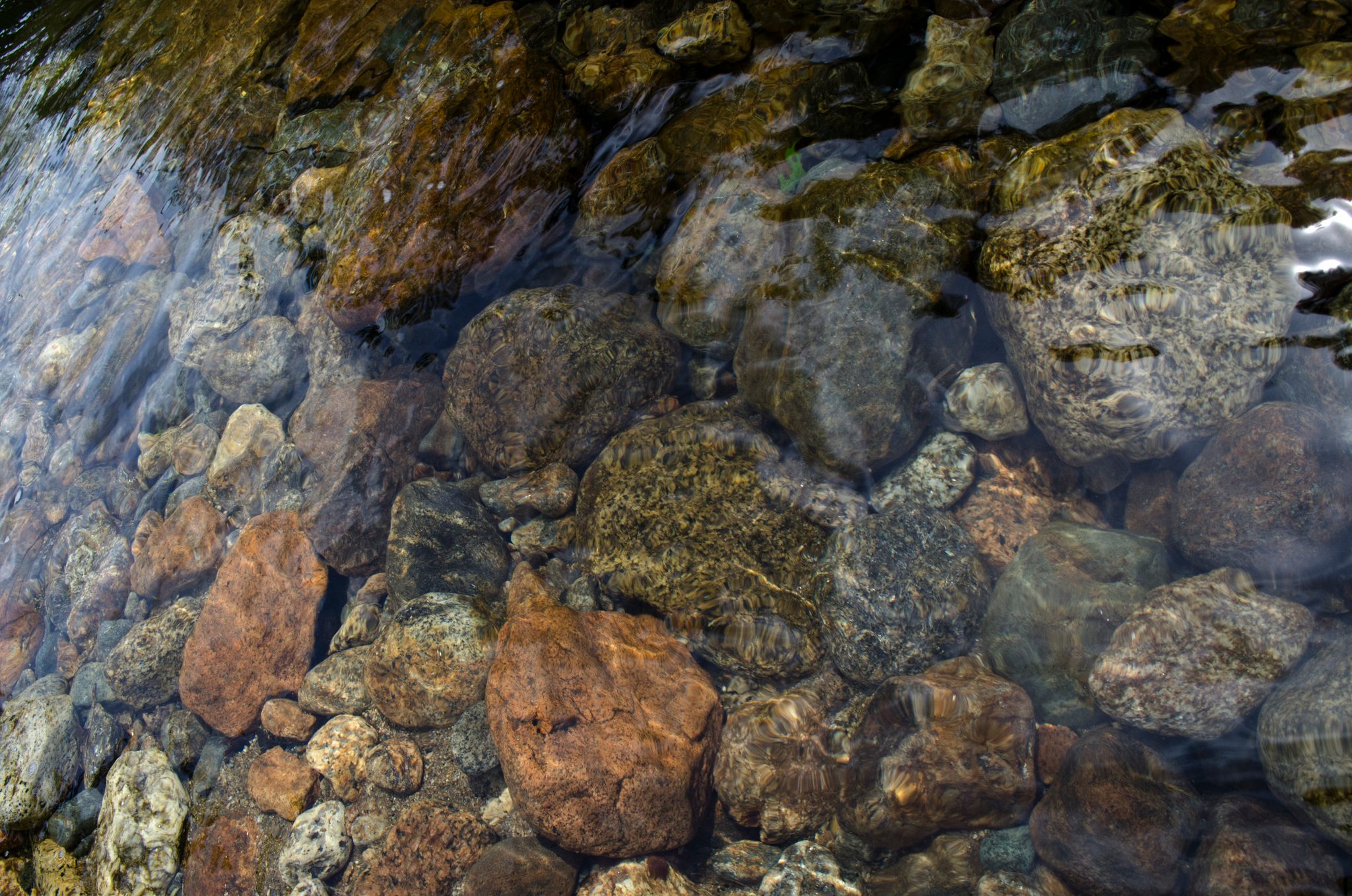 River stones in every color shine beneath the moving water.
