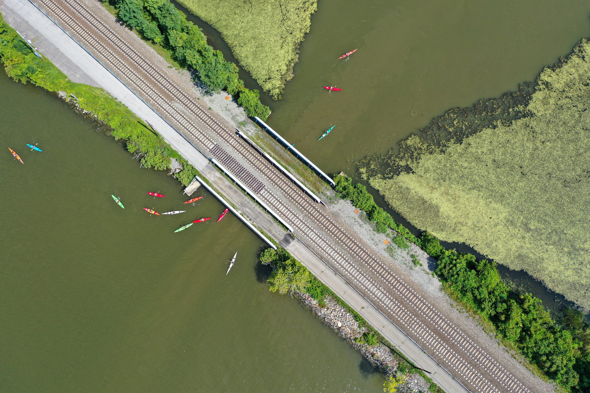From above, a scatter of kayaks gathers where the railroad crosses the marsh.