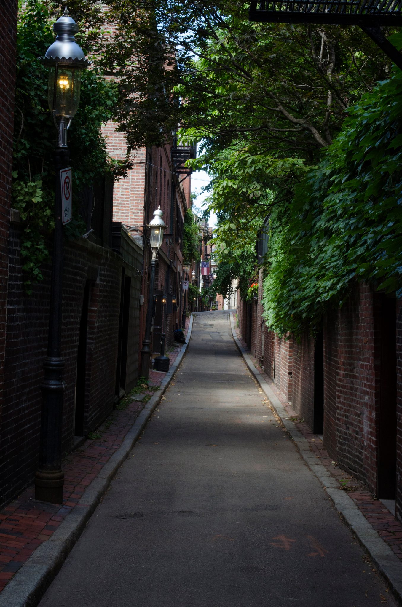 A gas lamp flickers at the entrance to a narrow, ivy-lined alley.