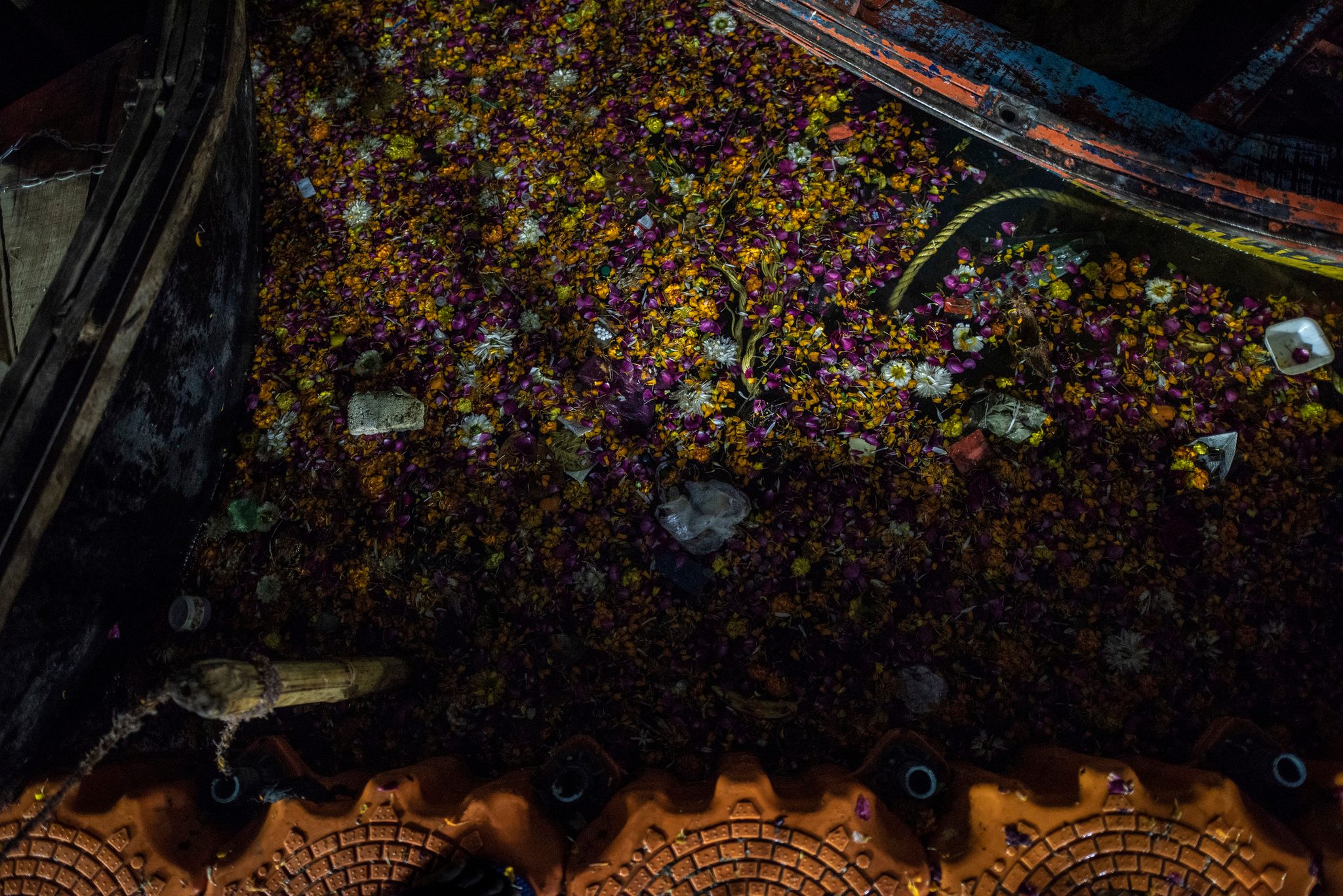 Marigolds and petals crowd the water against the pontoons, the morning's offerings drifting together.