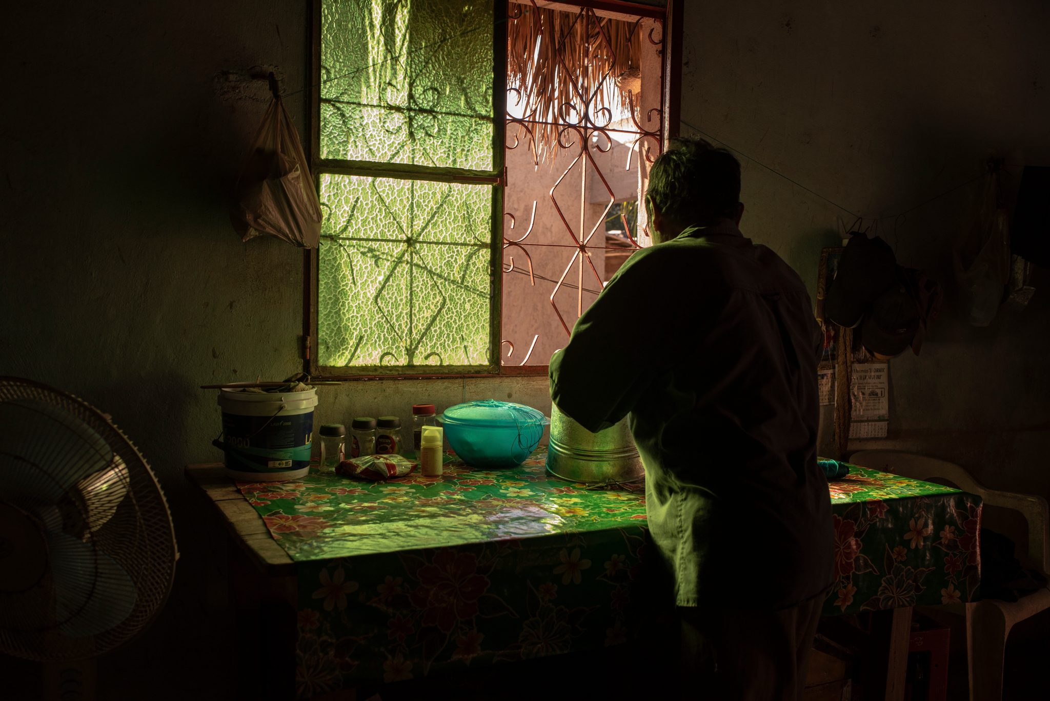 A man stands at the green-lit window of his kitchen.
