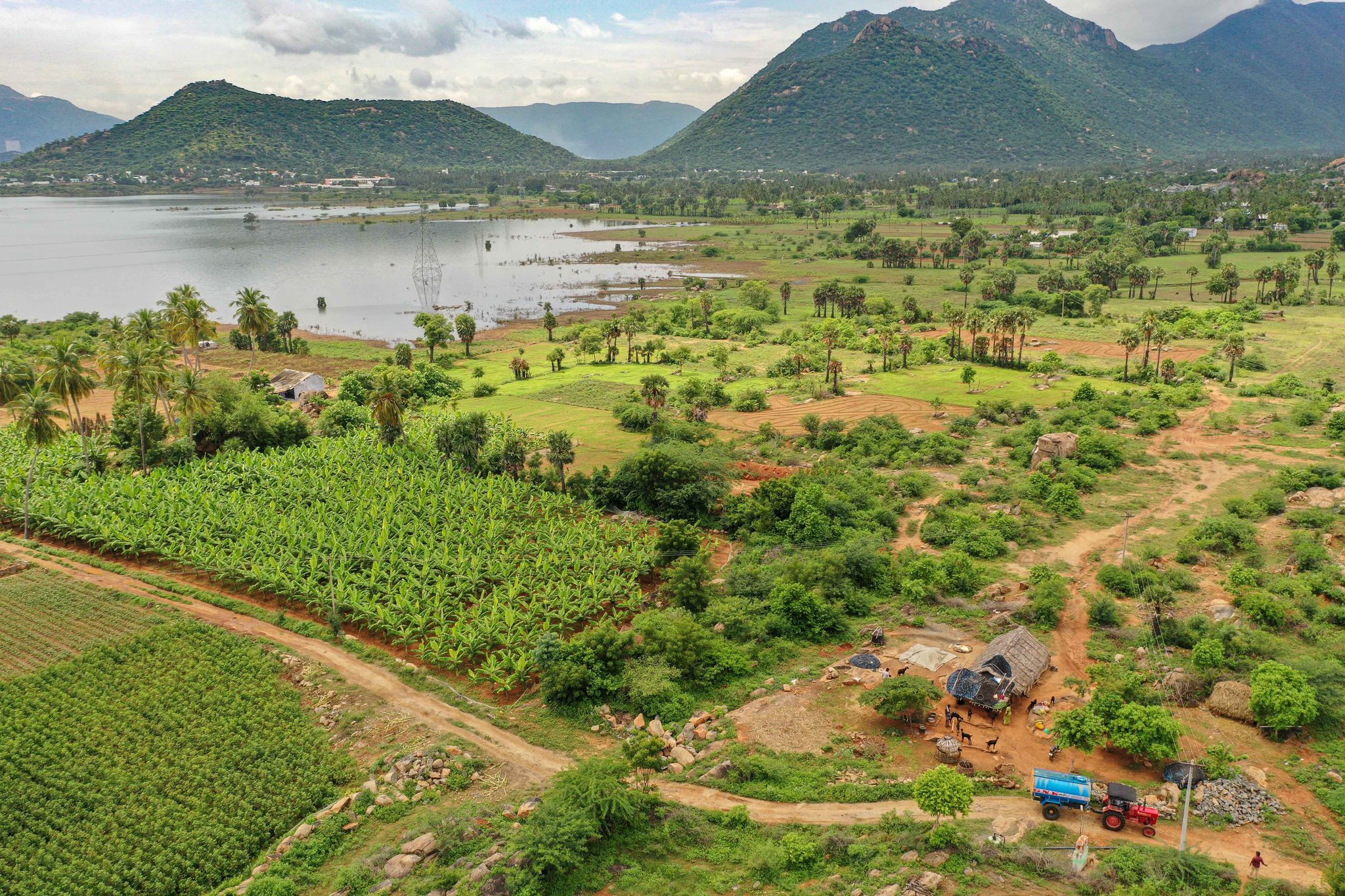 Banana groves and red earth roll down to the lake, the hills rising behind.