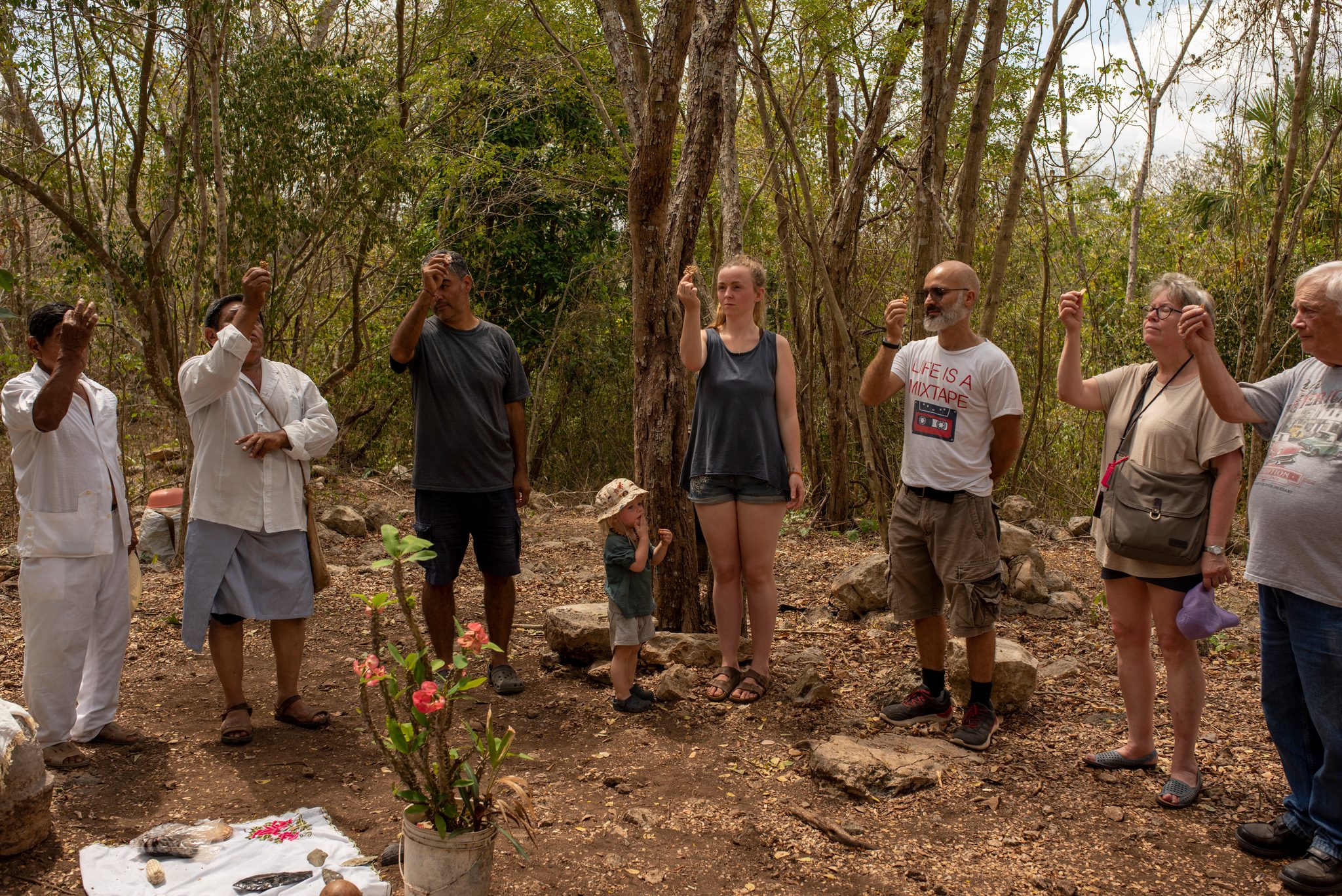 Visitors raise their arms in the forest as the elder leads the ceremony.