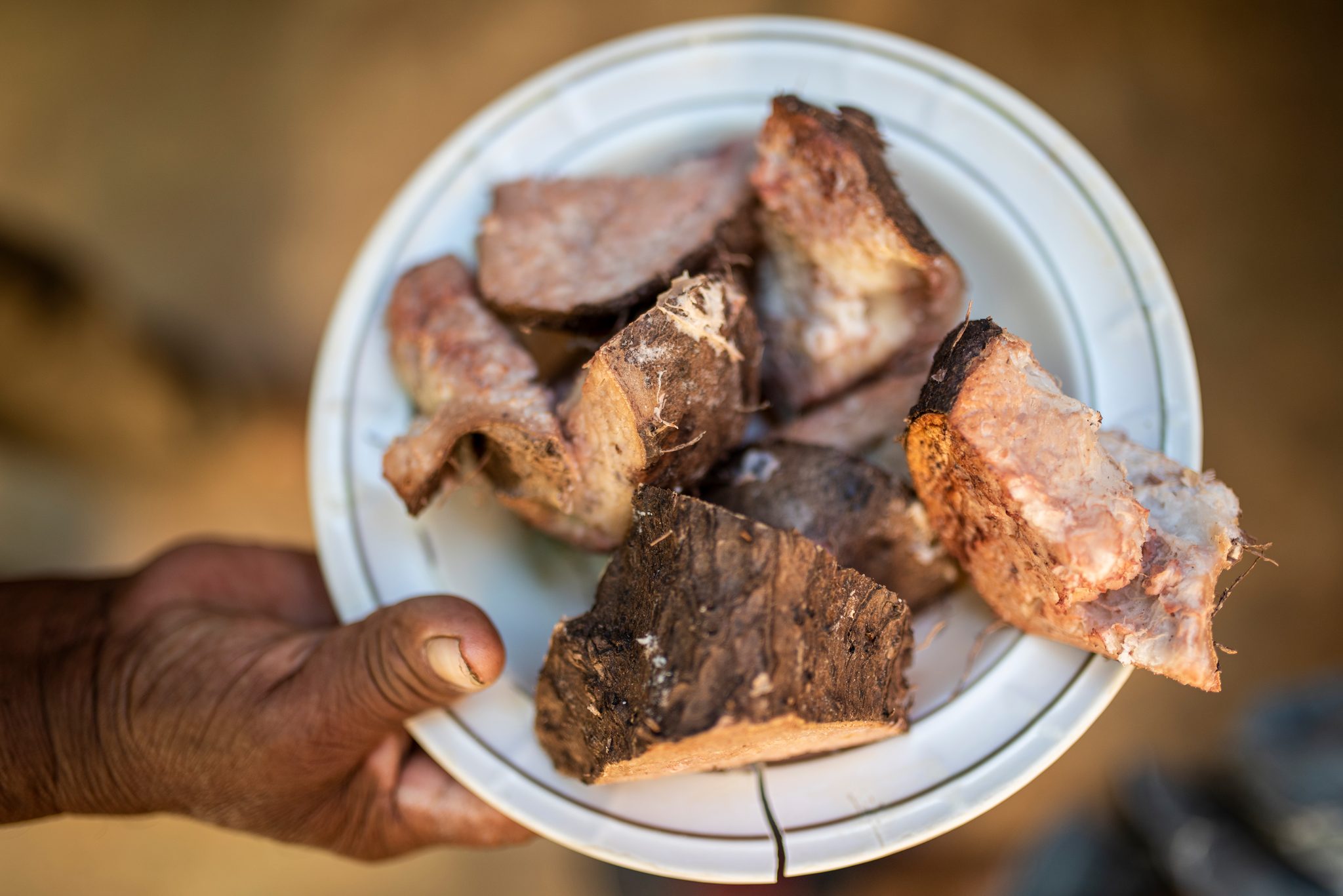 A weathered hand holds out a plate of meat fresh from the fire.