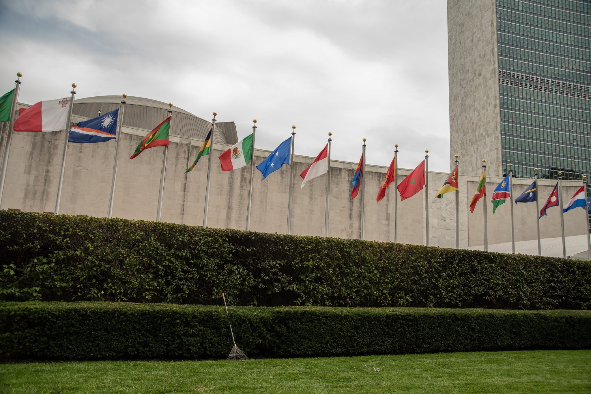 Flags of the member nations line the lawn at the United Nations.