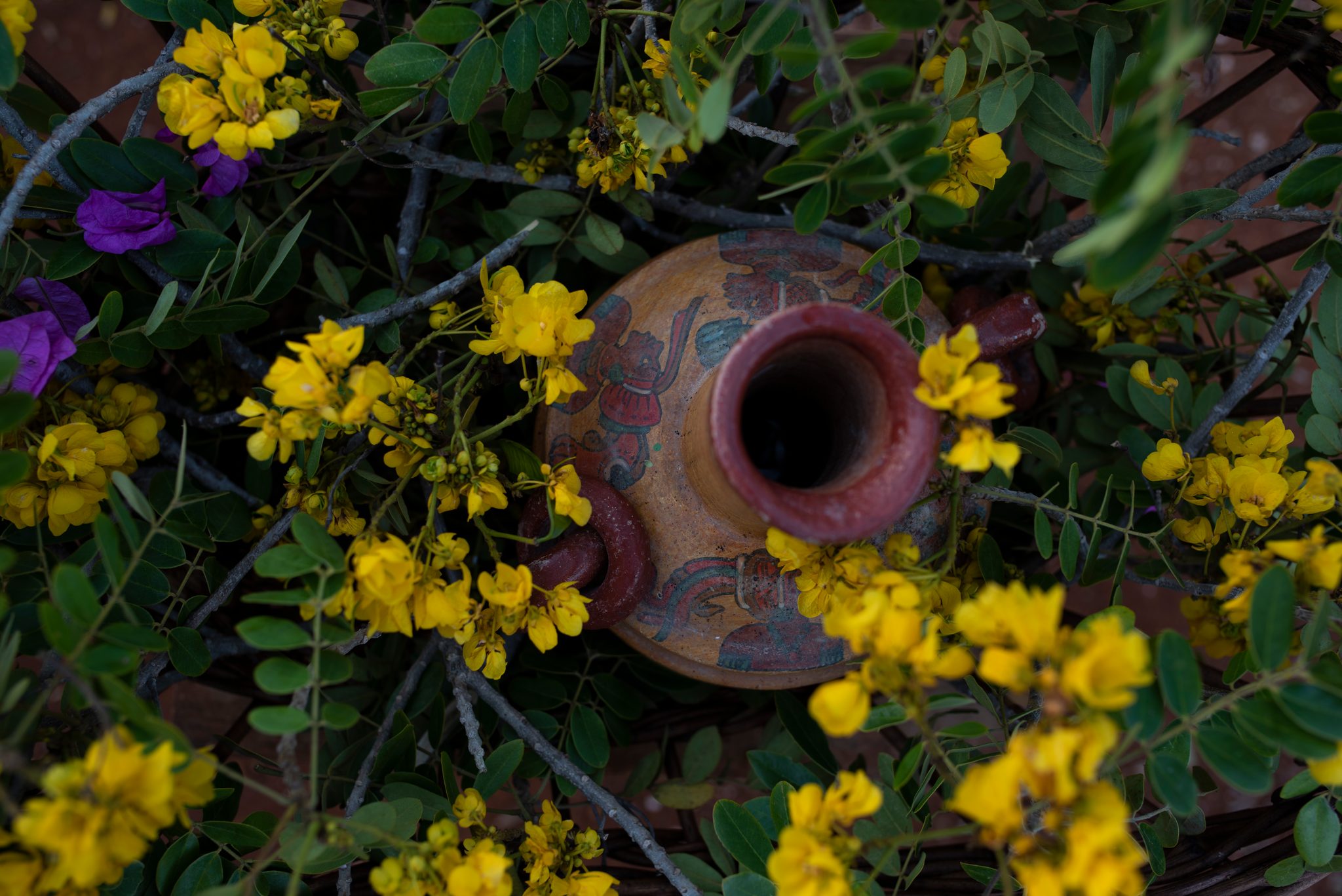 A painted clay vessel rests among yellow blossoms and purple flowers.