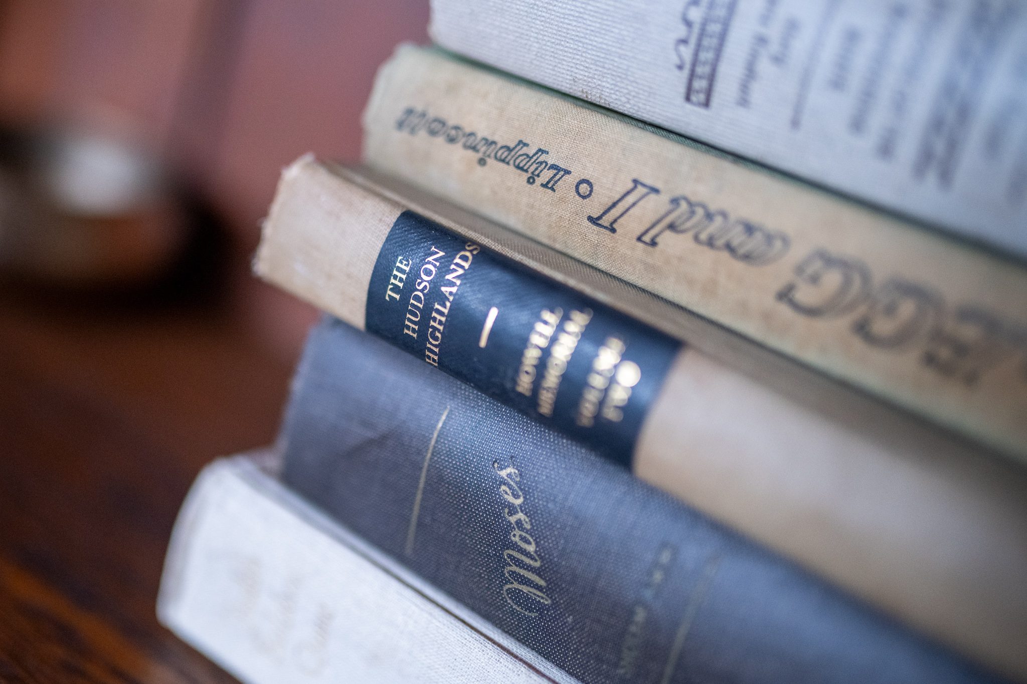 Well-worn books on the library shelf, one titled The Hudson Highlands.
